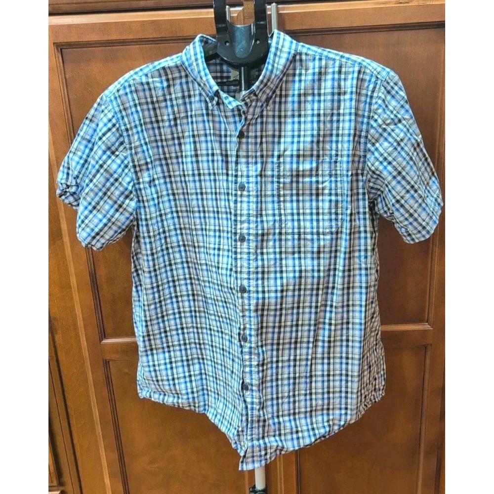 Blue Mountain Men's Short Sleeve Blue White Black Plaid Smart Casual Shirt Sz XL